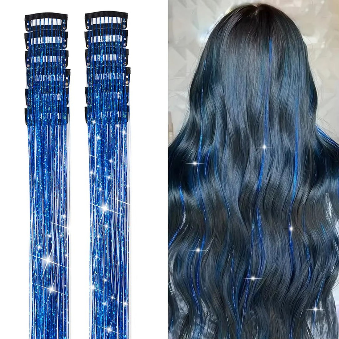 Blue tinsel product and dark hair result