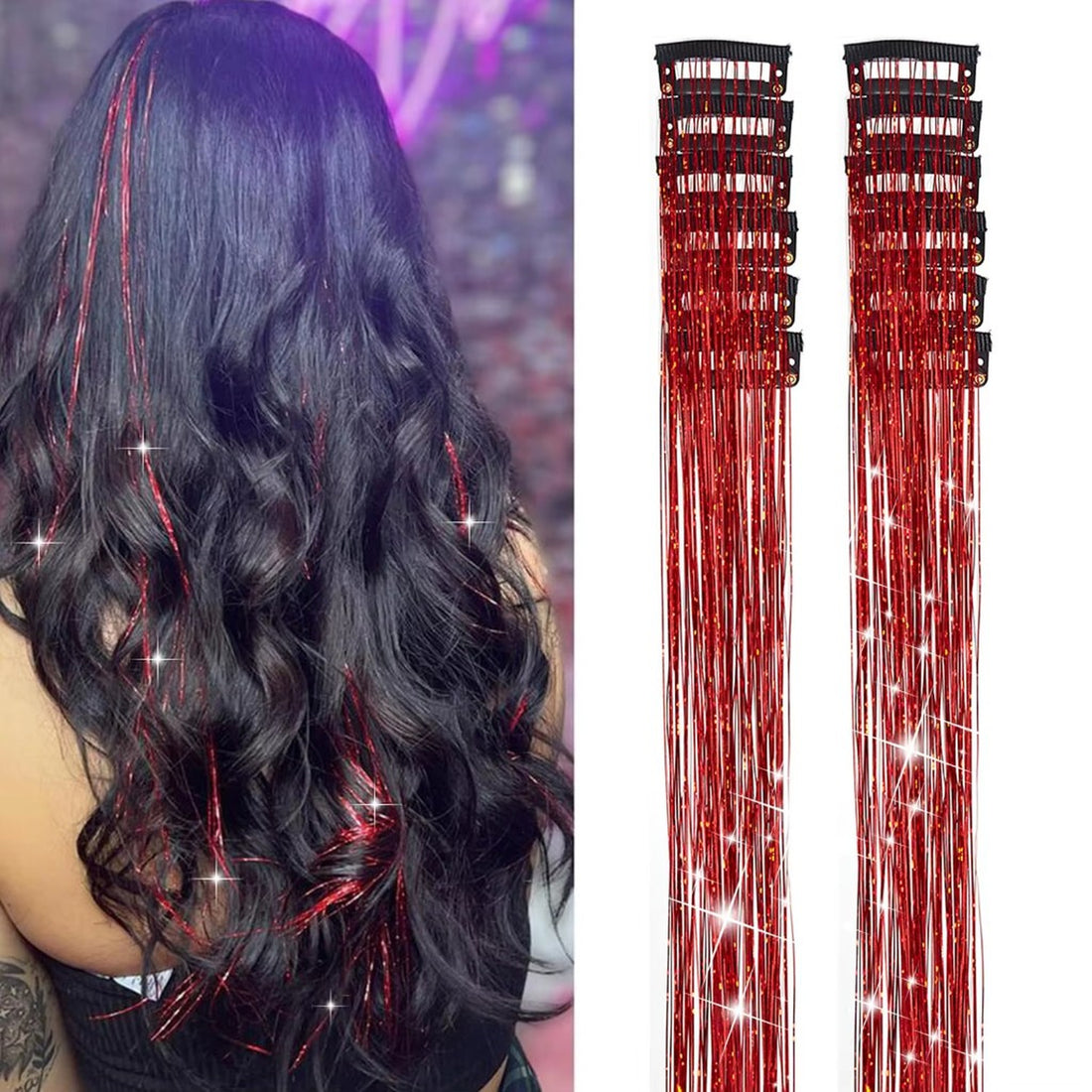 Red tinsel product and party hair result