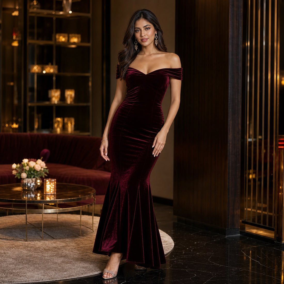 Lifestyle — velvet fishtail cocktail dress