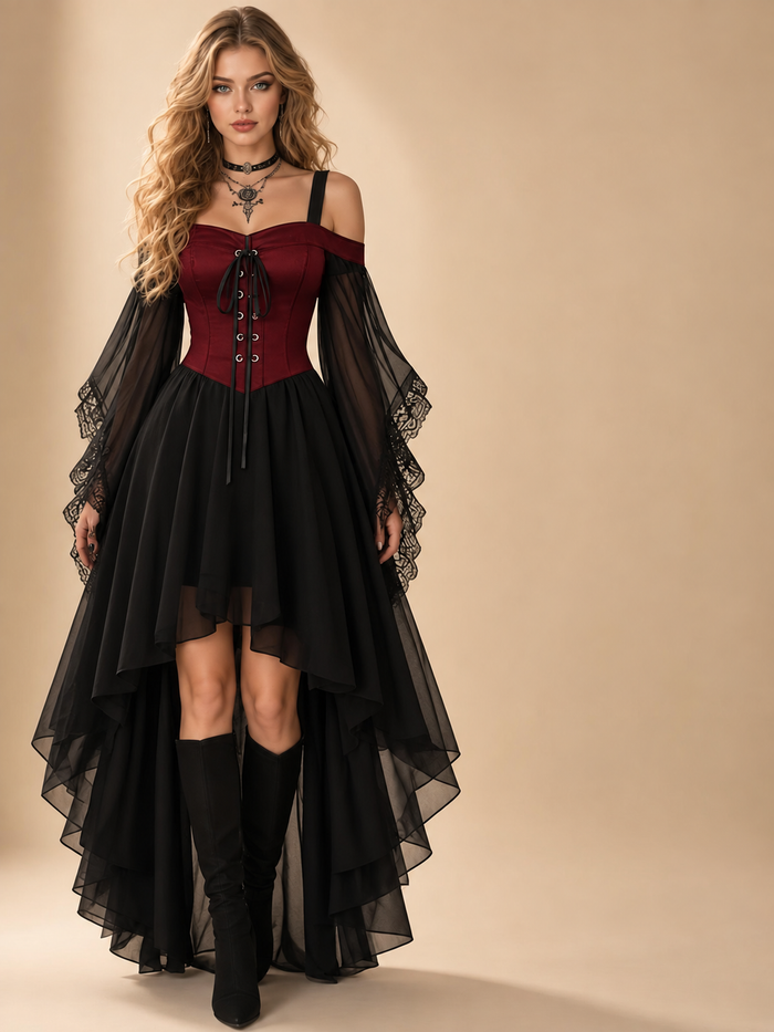 Wine-red satin bodice — Gothic Vampire Costume Dress