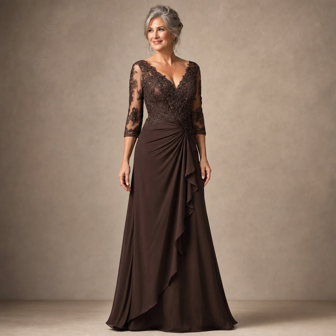 Lifestyle — brown evening gown, formal look