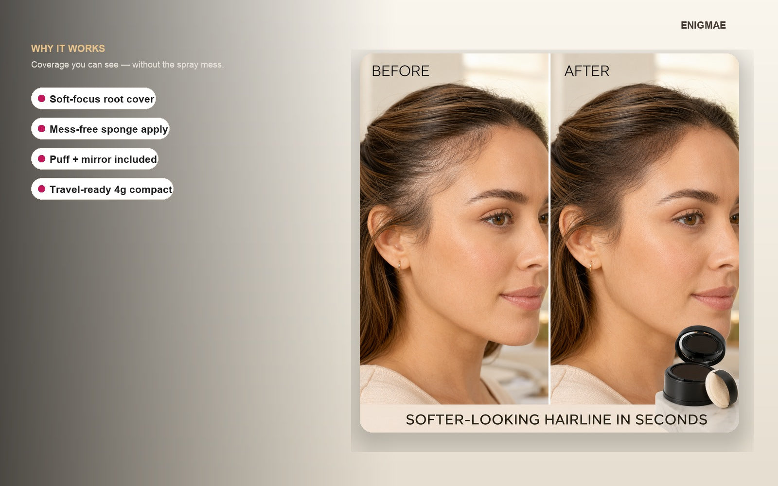 Hairline Powder Concealer — soft-focus coverage, mess-free apply, puff and mirror included